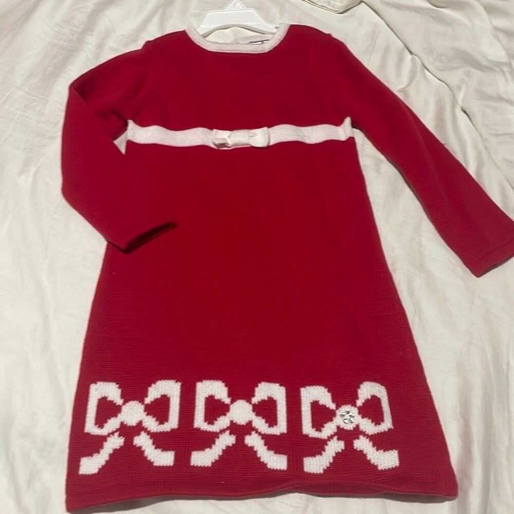 Hartstrings 5/6 red sweater dress white empire waists bow and hemline bows euc
